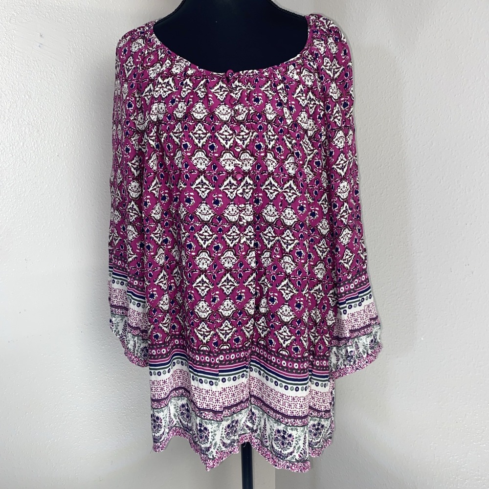 NEW Rose &‎ Thyme Blouse Women's 1X Fuchsia Floral Abstract Cottage Peasant